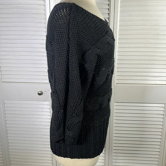 Bebe,Women's Cable-Knit Sweater color:Black, with lurex, size:M. Batwing sleeves - Picture 6 of 9